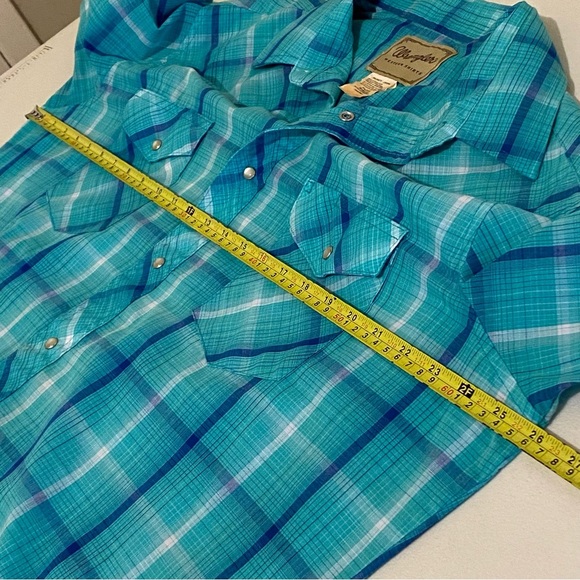 Wrangler Shirt Men's Size XL Western Plaid Pearl Snaps Short Sleeve Teal - Picture 9 of 10